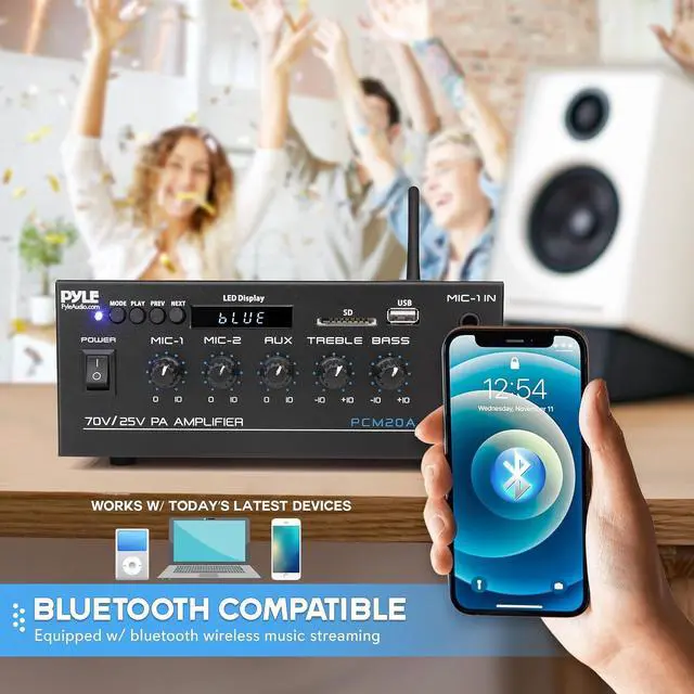 Alt view image 6 of 7 - Pyle Compact Mini Home Power Amplifier - 40W Smart Small Audio Stereo Receiver w/AUX, 2 Microphone in, COM/8-Ohm/25V/70V Speakers, LED, Input Selector, for PA, Amplified Speaker Sound System PCM20A.5