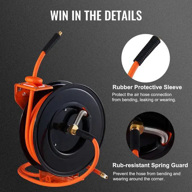 Alt view image 6 of 7 - Retractable Air Hose Reel, 3/8 IN x 50 FT Hybrid Air Hose Max 300PSI, Air Compressor Hose Reel with 5 ft Lead in, Ceiling/Wall Mount Heavy Duty Double Arm Steel Reel