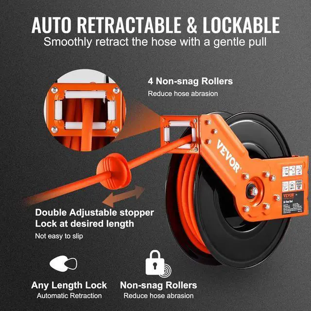 Alt view image 4 of 7 - Retractable Air Hose Reel, 3/8 IN x 50 FT Hybrid Air Hose Max 300PSI, Air Compressor Hose Reel with 5 ft Lead in, Ceiling/Wall Mount Heavy Duty Double Arm Steel Reel