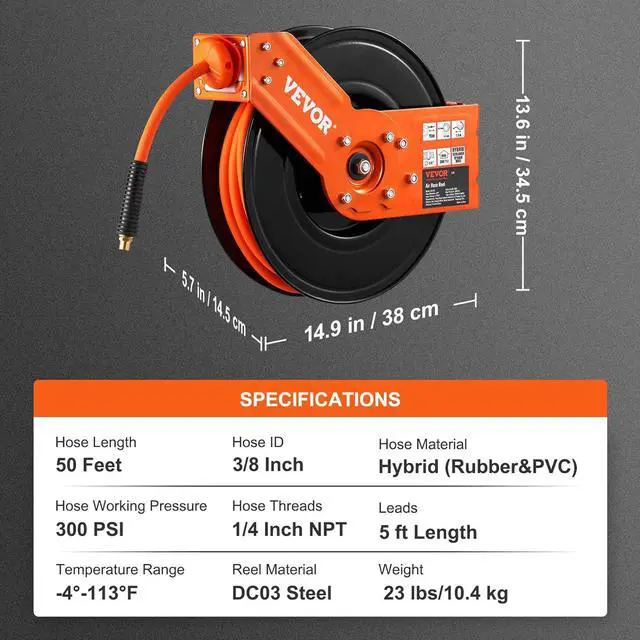 Alt view image 7 of 7 - Retractable Air Hose Reel, 3/8 IN x 50 FT Hybrid Air Hose Max 300PSI, Air Compressor Hose Reel with 5 ft Lead in, Ceiling/Wall Mount Heavy Duty Double Arm Steel Reel