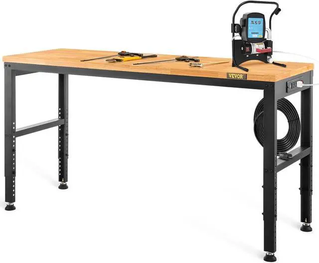 Main image of Adjustable Workbench, 48" L X 20" W Garage Table w/ 28.3" - 38.1" Heights & 2000 LBS Load Capacity, with Power Outlets & Hardwood Top & Metal Frame & Foot Pads, for Office Home Garage