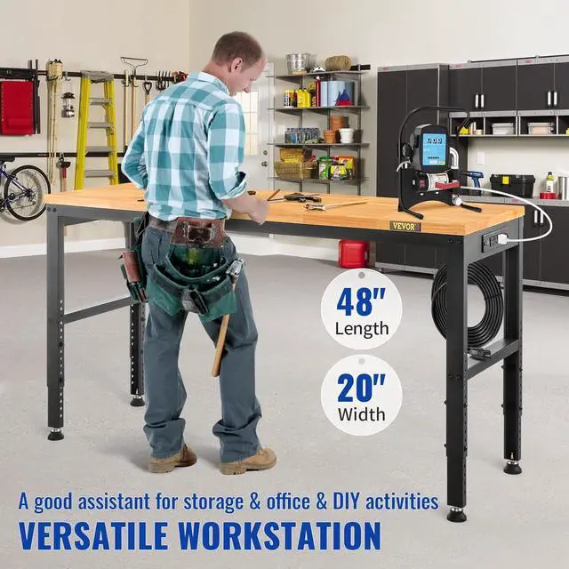 Alt view image 2 of 7 - Adjustable Workbench, 48" L X 20" W Garage Table w/ 28.3" - 38.1" Heights & 2000 LBS Load Capacity, with Power Outlets & Hardwood Top & Metal Frame & Foot Pads, for Office Home Garage