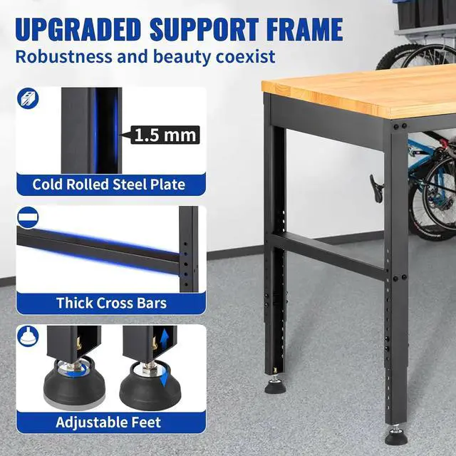 Alt view image 6 of 7 - Adjustable Workbench, 48" L X 20" W Garage Table w/ 28.3" - 38.1" Heights & 2000 LBS Load Capacity, with Power Outlets & Hardwood Top & Metal Frame & Foot Pads, for Office Home Garage