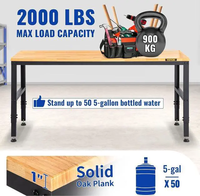 Alt view image 5 of 7 - Adjustable Workbench, 48" L X 20" W Garage Table w/ 28.3" - 38.1" Heights & 2000 LBS Load Capacity, with Power Outlets & Hardwood Top & Metal Frame & Foot Pads, for Office Home Garage