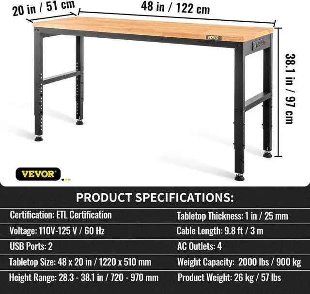 Alt view image 7 of 7 - Adjustable Workbench, 48" L X 20" W Garage Table w/ 28.3" - 38.1" Heights & 2000 LBS Load Capacity, with Power Outlets & Hardwood Top & Metal Frame & Foot Pads, for Office Home Garage