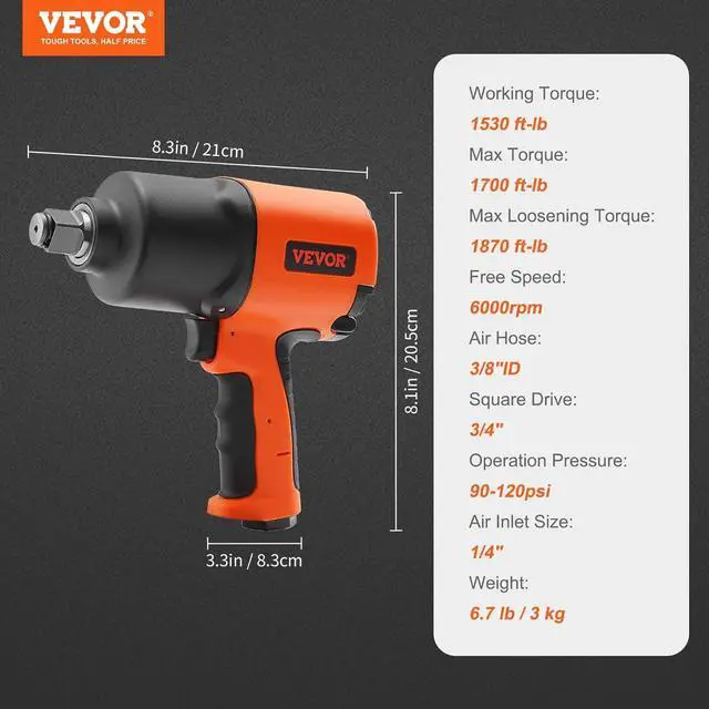 Alt view image 6 of 7 - Air Impact Wrench, 3/4-Inch Drive Air Impact Gun, Up to 1870ft-lbs Nut-busting Torque, Composite Pneumatic Impact Wrench for Auto Repairs and Maintenance Heavy Duty