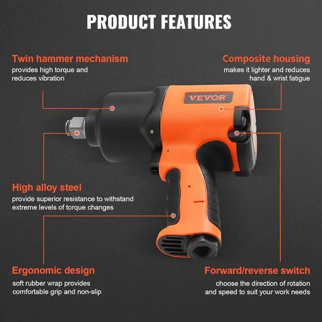 Alt view image 5 of 7 - Air Impact Wrench, 3/4-Inch Drive Air Impact Gun, Up to 1870ft-lbs Nut-busting Torque, Composite Pneumatic Impact Wrench for Auto Repairs and Maintenance Heavy Duty