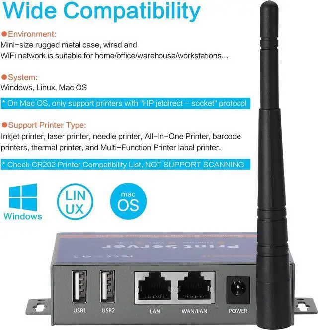 Alt view image 6 of 6 - Wireless Print Server (NOT Plug&Play), 2 Port USB Print Server, Computer Networking Print Servers - Convert USB Printer To Wireless WiFi Ethernet Networking - Windows Mac Linux Compliant - CR202