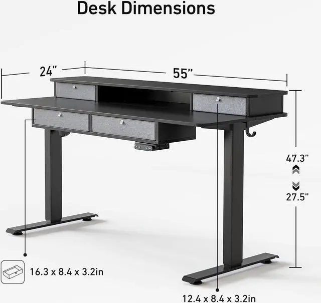 Alt view image 3 of 7 - Sturdy Height Adjustable Electric Standing Desk with Drawers, 55 x 24 Inch Stand Up Table with Large Storage Shelf, Sit Stand Desk, Black Top