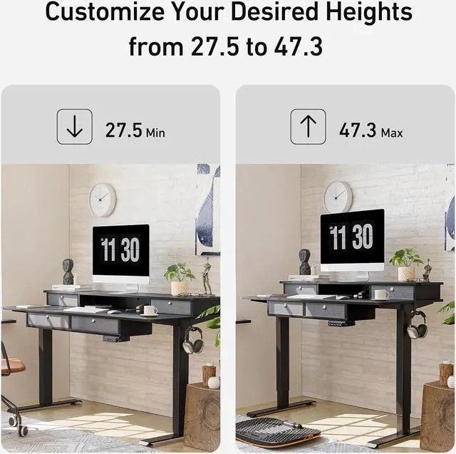 Alt view image 4 of 7 - Sturdy Height Adjustable Electric Standing Desk with Drawers, 55 x 24 Inch Stand Up Table with Large Storage Shelf, Sit Stand Desk, Black Top