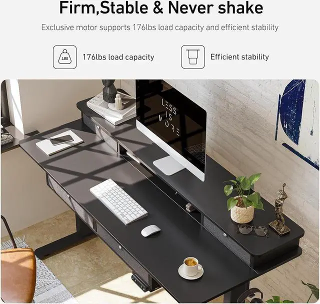 Alt view image 6 of 7 - Sturdy Height Adjustable Electric Standing Desk with Drawers, 55 x 24 Inch Stand Up Table with Large Storage Shelf, Sit Stand Desk, Black Top