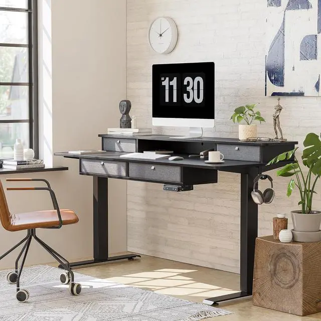 Alt view image 2 of 7 - Sturdy Height Adjustable Electric Standing Desk with Drawers, 55 x 24 Inch Stand Up Table with Large Storage Shelf, Sit Stand Desk, Black Top