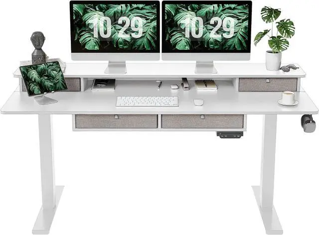 Main image of Sturdy Height Adjustable Electric Standing Desk with Drawers, 55 x 24 Inch Stand Up Table with Large Storage Shelf, Sit Stand Desk, White Top