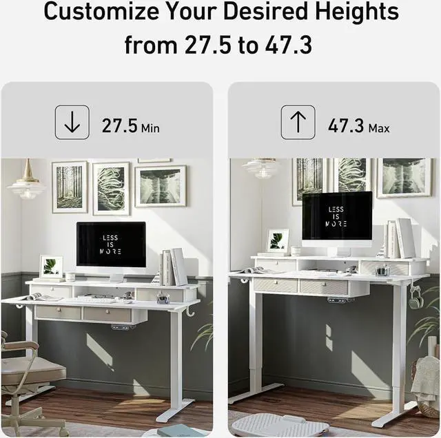 Alt view image 4 of 7 - Sturdy Height Adjustable Electric Standing Desk with Drawers, 55 x 24 Inch Stand Up Table with Large Storage Shelf, Sit Stand Desk, White Top