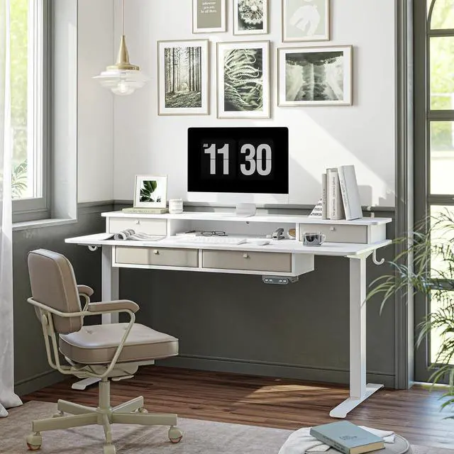 Alt view image 2 of 7 - Sturdy Height Adjustable Electric Standing Desk with Drawers, 55 x 24 Inch Stand Up Table with Large Storage Shelf, Sit Stand Desk, White Top