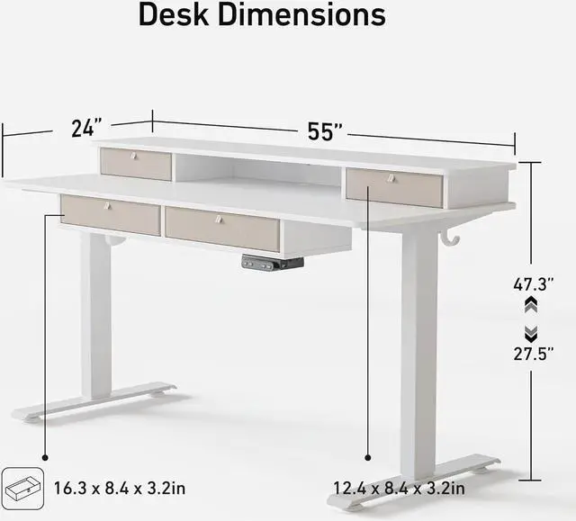 Alt view image 3 of 7 - Sturdy Height Adjustable Electric Standing Desk with Drawers, 55 x 24 Inch Stand Up Table with Large Storage Shelf, Sit Stand Desk, White Top