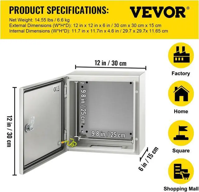 Alt view image 6 of 7 - 12x12x6'' Carbon Steel Electrical Enclosure IP65 Wall Mount Junction Box