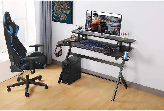 Alt view image 3 of 5 - 48" Home Office Gaming Computer Desk with Removable Monitor Stand, R Shaped Large Gamer Workstation PC Table with Cup Holder Headphone Hook Speaker Storage Free Mouse pad, Black/Red