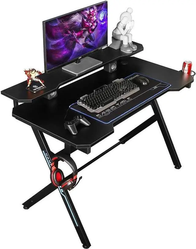 Alt view image 5 of 5 - 48" Home Office Gaming Computer Desk with Removable Monitor Stand, R Shaped Large Gamer Workstation PC Table with Cup Holder Headphone Hook Speaker Storage Free Mouse pad, Black/Red