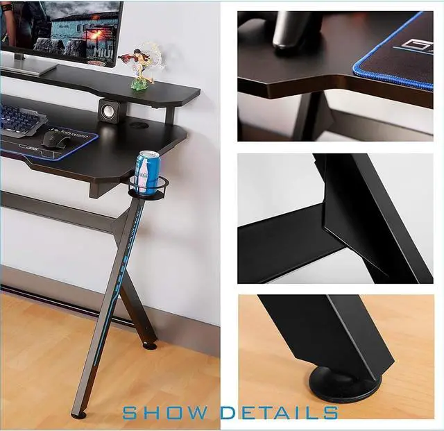 Alt view image 4 of 5 - 48" Home Office Gaming Computer Desk with Removable Monitor Stand, R Shaped Large Gamer Workstation PC Table with Cup Holder Headphone Hook Speaker Storage Free Mouse pad, Black/Red