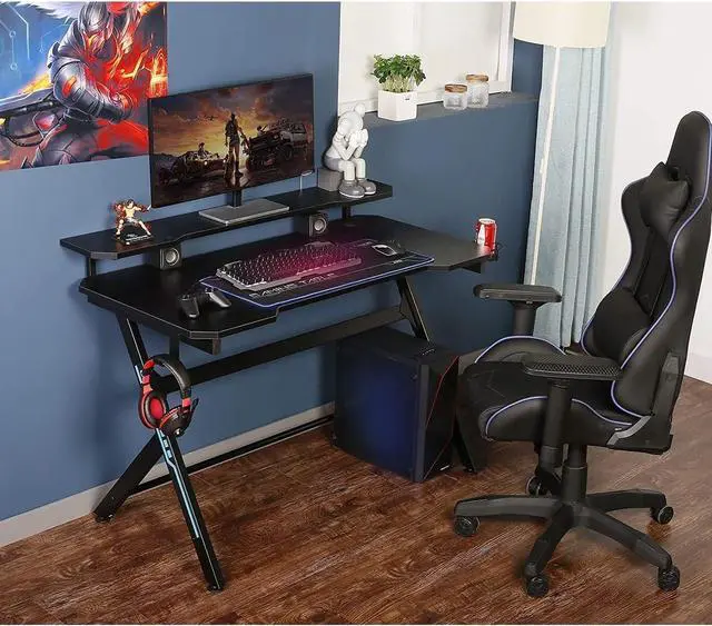 Alt view image 2 of 5 - 48" Home Office Gaming Computer Desk with Removable Monitor Stand, R Shaped Large Gamer Workstation PC Table with Cup Holder Headphone Hook Speaker Storage Free Mouse pad, Black/Red