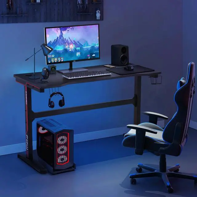 Alt view image 2 of 7 - 47 Inch Computer Desk Gaming Desk T-Shape Office Desk Large Modern Ergonomic Racing Style Table Gaming Workstation for Home Office with Cup Holder Headphone Hook