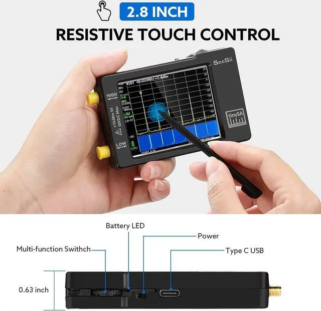 Alt view image 3 of 7 - Portable TinySA Spectrum Analyzer,SEESII Upgraded V0.3.1 Handheld Tiny Frequency Analyzer 100kHz to 960MHz MF/HF/VHF UHF Input,Signal Generator with 2.8 inch Touch Screen with ESD Protect Function