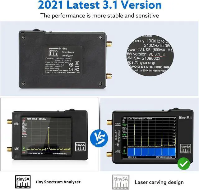 Alt view image 7 of 7 - Portable TinySA Spectrum Analyzer,SEESII Upgraded V0.3.1 Handheld Tiny Frequency Analyzer 100kHz to 960MHz MF/HF/VHF UHF Input,Signal Generator with 2.8 inch Touch Screen with ESD Protect Function
