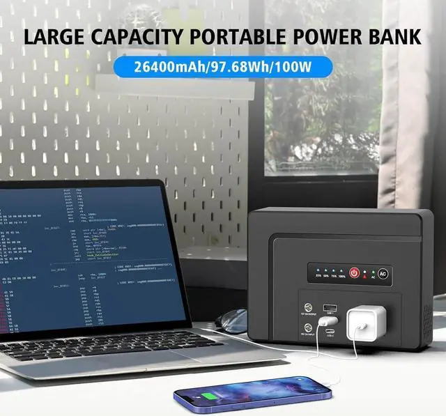 Alt view image 3 of 7 - Portable Power Bank with AC Outlet 100W, 97.68Wh/26400mAh Portable Battery Pack with DC/USB A/USB C/AC Outlet PD65W Battery Bank Fast Charging Phone Laptop Charger for Outdoor Camping Travel RV