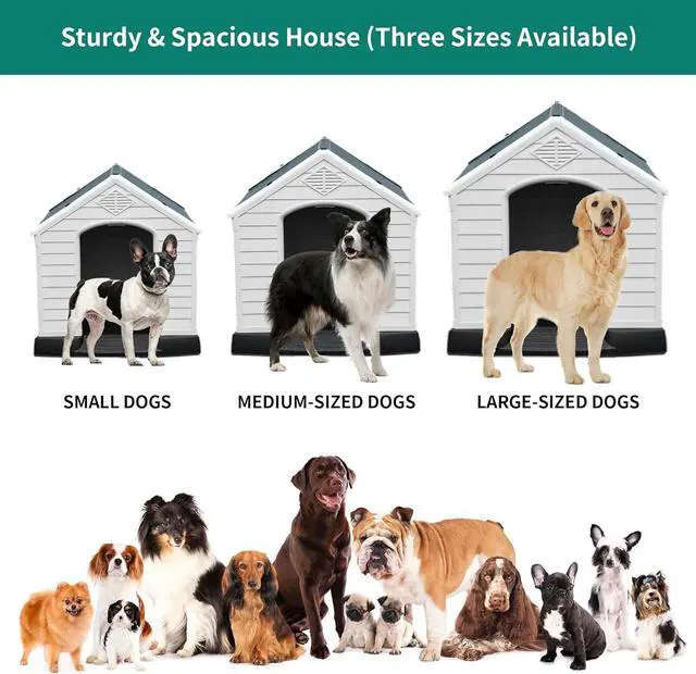 Alt view image 3 of 7 - 41'' Large Plastic Dog House Outdoor Indoor Doghouse Puppy Shelter Water Resistant Easy Assembly Sturdy Dog Kennel with Air Vents and Elevated Floor (41''L*38''W*39''H, Gray)