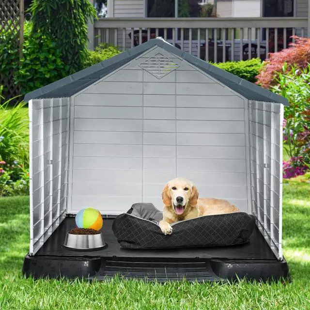 Alt view image 2 of 7 - 41'' Large Plastic Dog House Outdoor Indoor Doghouse Puppy Shelter Water Resistant Easy Assembly Sturdy Dog Kennel with Air Vents and Elevated Floor (41''L*38''W*39''H, Gray)