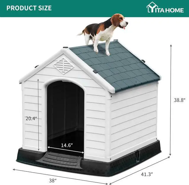 Alt view image 7 of 7 - 41'' Large Plastic Dog House Outdoor Indoor Doghouse Puppy Shelter Water Resistant Easy Assembly Sturdy Dog Kennel with Air Vents and Elevated Floor (41''L*38''W*39''H, Gray)