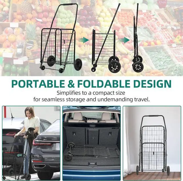 Alt view image 5 of 7 - Folding Shopping Cart with Wheels, Rolling Foldable Grocery Cart for Seniors, Portable Collapsible Utility Cart for Shopping Groceries Laundry Storage Organizer