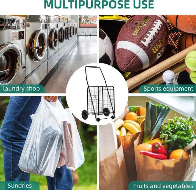 Alt view image 7 of 7 - Folding Shopping Cart with Wheels, Rolling Foldable Grocery Cart for Seniors, Portable Collapsible Utility Cart for Shopping Groceries Laundry Storage Organizer