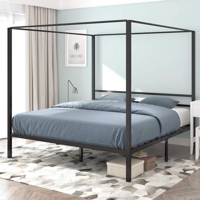 Alt view image 6 of 7 - Metal Four Poster Canopy Bed Frame 14 Inch Platform with Built-in Headboard Strong Metal Slat Mattress Support, No Box Spring Needed, Black, King Size
