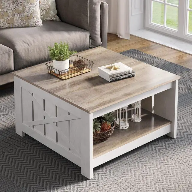 Main image of Square Wood Modern Rustic Coffee Table with Half Open Storage Compartment for Living Room
