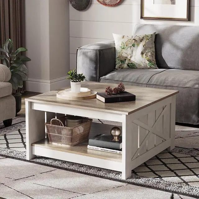 Alt view image 3 of 7 - Square Wood Modern Rustic Coffee Table with Half Open Storage Compartment for Living Room