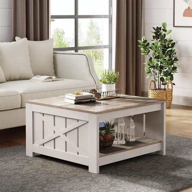Alt view image 7 of 7 - Square Wood Modern Rustic Coffee Table with Half Open Storage Compartment for Living Room