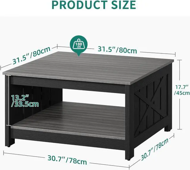 Alt view image 2 of 7 - Coffee Table Farmhouse Coffee Table with Storage Rustic Wood Cocktail Table,Square Coffee Table for Living Meeting Room with Half Open Storage Compartment,Grey and Black
