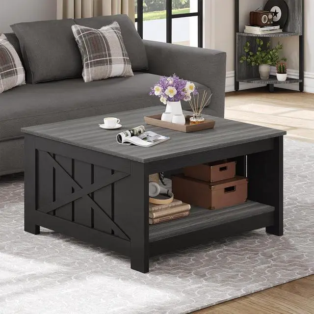 Alt view image 4 of 7 - Coffee Table Farmhouse Coffee Table with Storage Rustic Wood Cocktail Table,Square Coffee Table for Living Meeting Room with Half Open Storage Compartment,Grey and Black