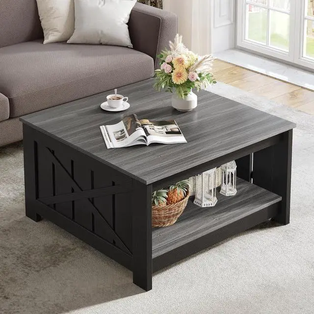Main image of Coffee Table Farmhouse Coffee Table with Storage Rustic Wood Cocktail Table,Square Coffee Table for Living Meeting Room with Half Open Storage Compartment,Grey and Black