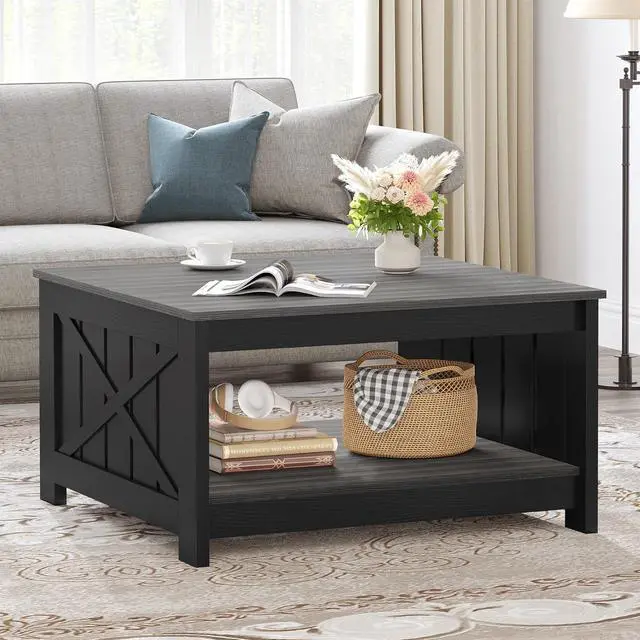 Alt view image 3 of 7 - Coffee Table Farmhouse Coffee Table with Storage Rustic Wood Cocktail Table,Square Coffee Table for Living Meeting Room with Half Open Storage Compartment,Grey and Black