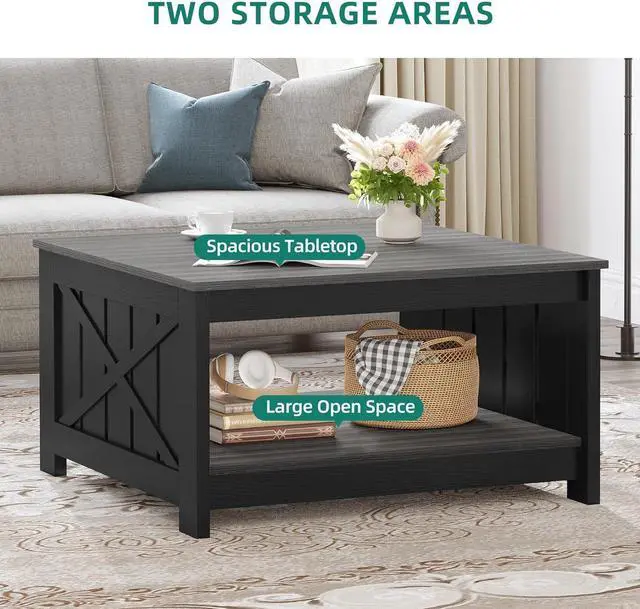 Alt view image 6 of 7 - Coffee Table Farmhouse Coffee Table with Storage Rustic Wood Cocktail Table,Square Coffee Table for Living Meeting Room with Half Open Storage Compartment,Grey and Black
