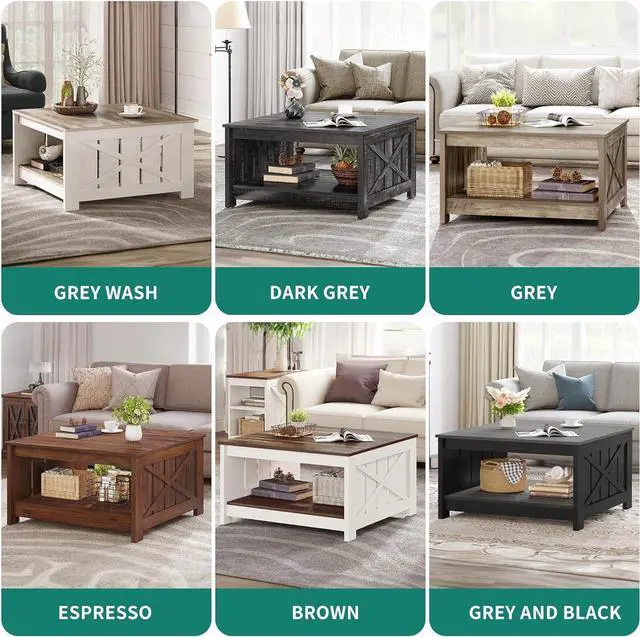 Alt view image 5 of 7 - Coffee Table Farmhouse Coffee Table with Storage Rustic Wood Cocktail Table,Square Coffee Table for Living Meeting Room with Half Open Storage Compartment,Grey and Black