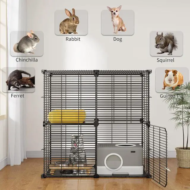 Alt view image 7 of 7 - Indoor Cat Cage 2 Tier Kitten Cage House Cat Enclosure Outdoor Small Animal DIY Pet Playpen Detachable Metal Kennel for Ferret Kitty, Bunny, Chinchilla, Squirrel, rv Travel, Camping