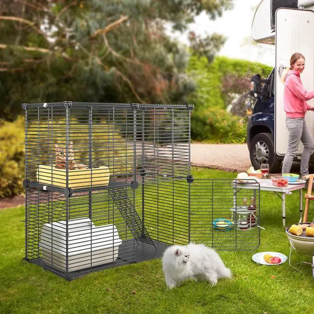 Alt view image 5 of 7 - Indoor Cat Cage 2 Tier Kitten Cage House Cat Enclosure Outdoor Small Animal DIY Pet Playpen Detachable Metal Kennel for Ferret Kitty, Bunny, Chinchilla, Squirrel, rv Travel, Camping