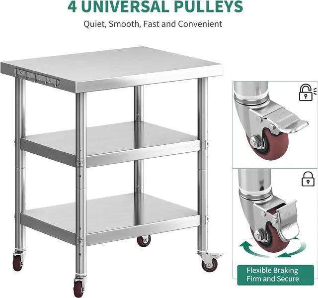 Alt view image 5 of 7 - Stainless Steel Table, 36" X 24" Work Table with Wheels, 3 Shelves Metal Table Prep Table for Home Kitchen Restaurant Garage Warehouse Outdoor