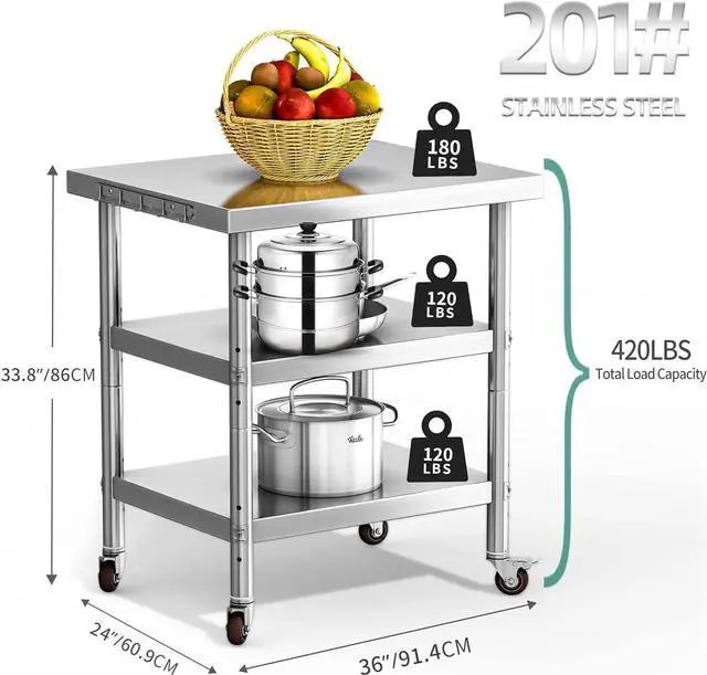 Alt view image 3 of 7 - Stainless Steel Table, 36" X 24" Work Table with Wheels, 3 Shelves Metal Table Prep Table for Home Kitchen Restaurant Garage Warehouse Outdoor