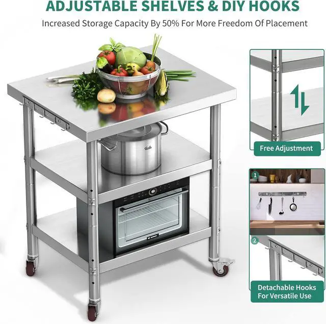 Alt view image 4 of 7 - Stainless Steel Table, 36" X 24" Work Table with Wheels, 3 Shelves Metal Table Prep Table for Home Kitchen Restaurant Garage Warehouse Outdoor