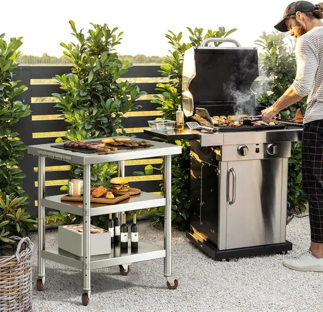 Alt view image 2 of 7 - Stainless Steel Table, 36" X 24" Work Table with Wheels, 3 Shelves Metal Table Prep Table for Home Kitchen Restaurant Garage Warehouse Outdoor